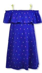 Nautica Girls' Blue Ruffle Top Neon Palm Tree Print Cold Shoulder Dress Size 5